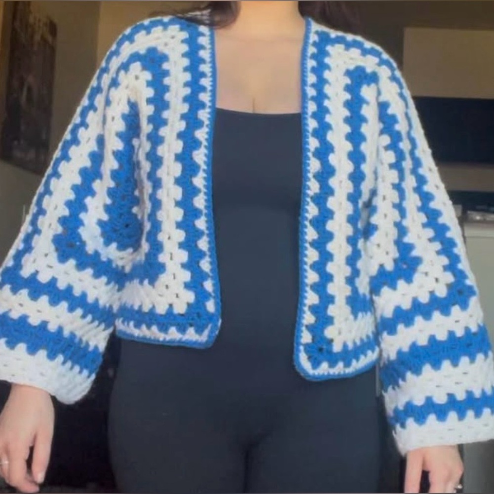 Handmade Blue and White Crocheted Women’s Sweater
